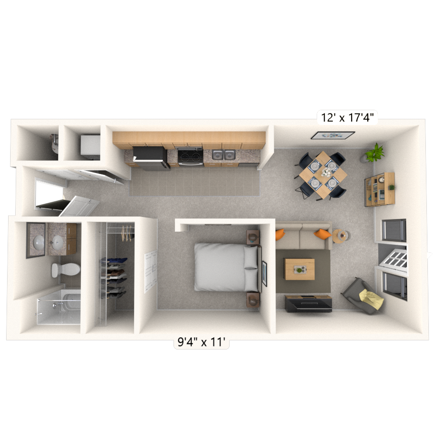 Floor plan for 1 bed, 1 bath, 637 sqft